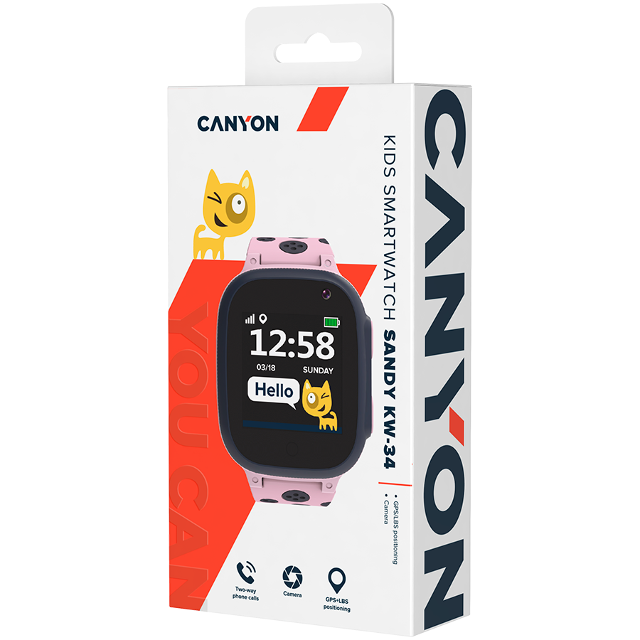 CANYON Sandy KW-34, Kids smartwatch, 1.44 inch colorful screen, GPS function, Nano SIM card, 32+32MB, GSM(850/900/1800/1900MHz), 400mAh battery, compatibility with iOS and android, Pink