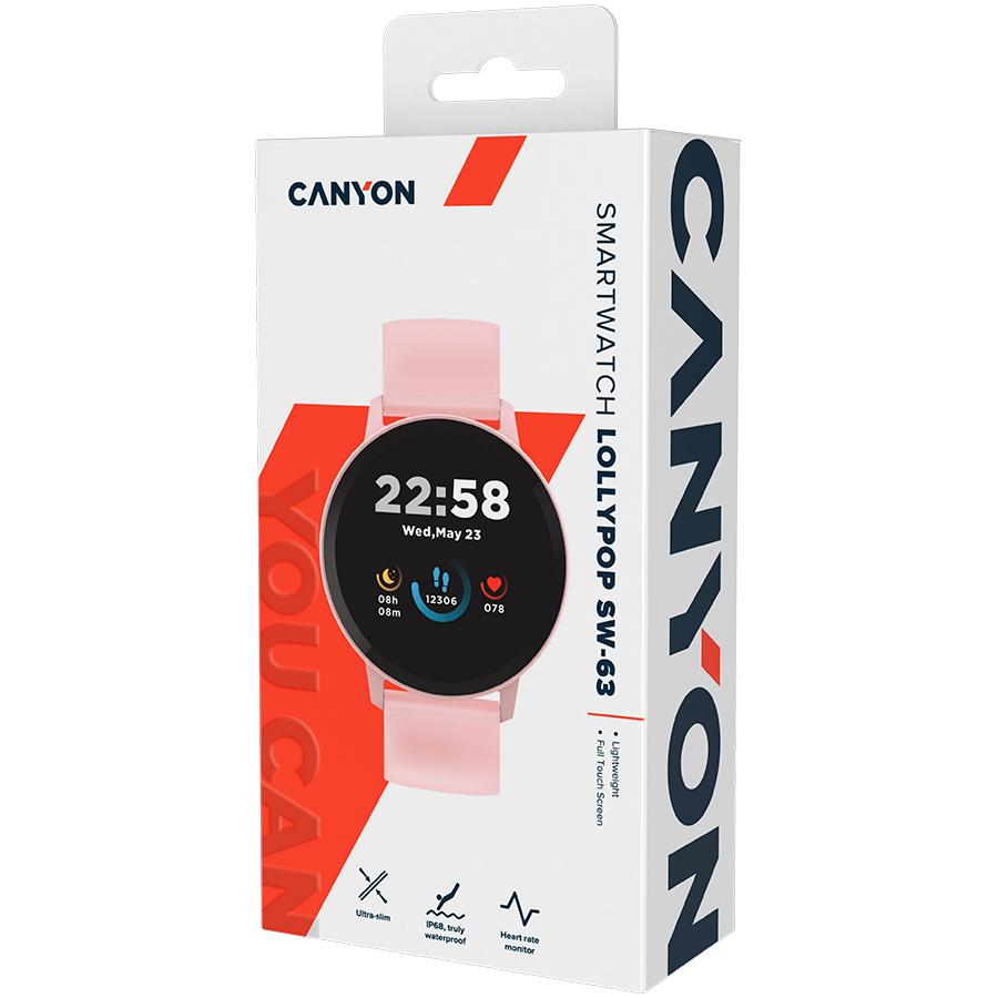 CANYON Lollypop SW-63, Smart watch, 1.3inches IPS full touch screen, Round watch, IP68 waterproof, multi-sport mode, BT5.0, compatibility with iOS and android, Pink