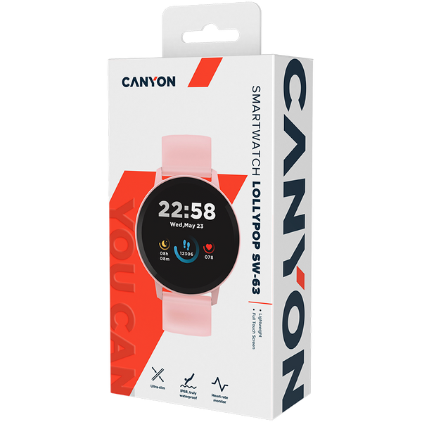 CANYON Lollypop SW-63, Smart watch, 1.3inches IPS full touch screen, Round watch, IP68 waterproof, multi-sport mode, BT5.0, compatibility with iOS and android, Pink