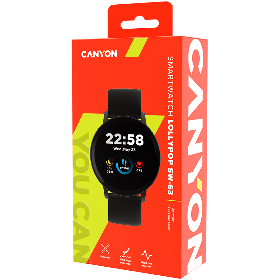 CANYON Lollypop SW-63, Smart watch, 1.3inches IPS full touch screen, Round watch, IP68 waterproof, multi-sport mode, BT5.0, compatibility with iOS and android, black