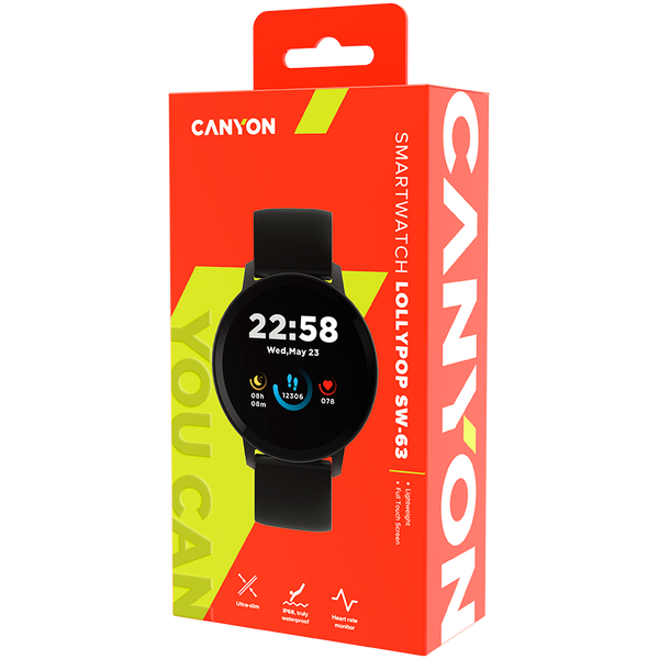 CANYON Lollypop SW-63, Smart watch, 1.3inches IPS full touch screen, Round watch, IP68 waterproof, multi-sport mode, BT5.0, compatibility with iOS and android, black