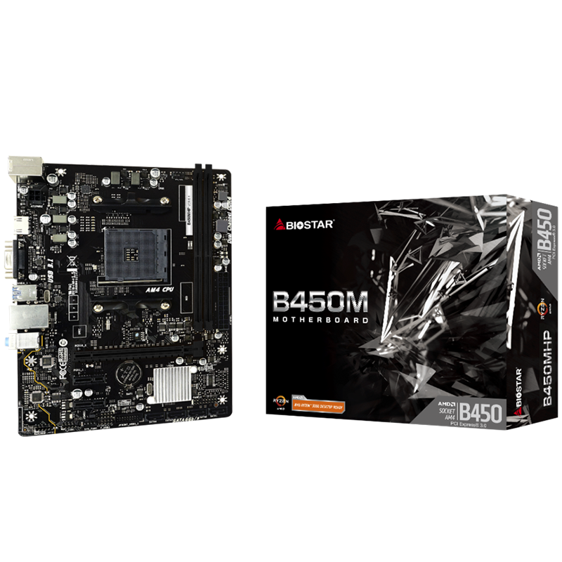 BIOSTAR MB B450 AM4 2 x DDR4 4 x SATA II 1 x VGA Port 1 x HDMI Port 1 x LAN port Micro ATX Glavna slika proizvoda