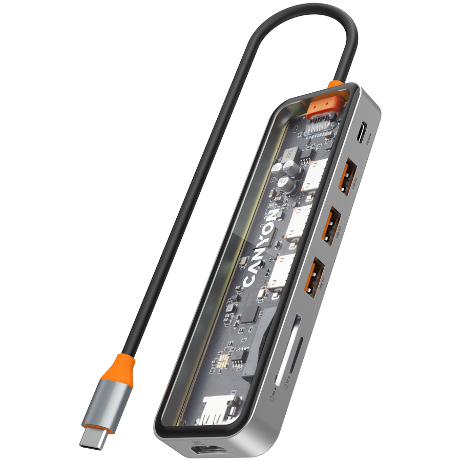 CANYON hub DS-13 7in1 4k USB-C Transparent Space Grey Glavna slika proizvoda