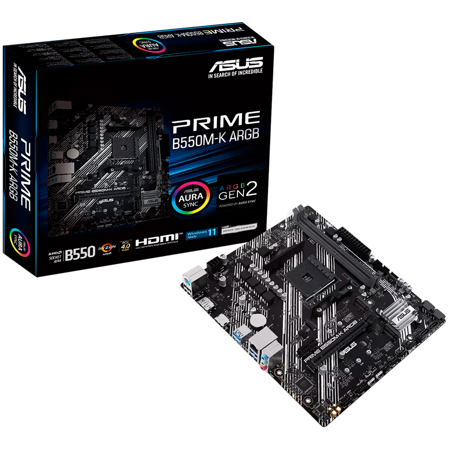 ASUS PRIME B550M-K ARGB AM4 mATX MB - AMD B550 2xDIMM DDR4 2xM.2 4xSATA PCIe 4.0 1Gb Ethernet 1xDisplayPort 1xHDMI with Aura Sync Glavna slika proizvoda