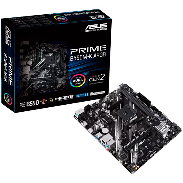 ASUS PRIME B550M-K ARGB AM4 mATX MB - AMD B550 2xDIMM DDR4 2xM.2 4xSATA PCIe 4.0 1Gb Ethernet 1xDisplayPort 1xHDMI with Aura Sync