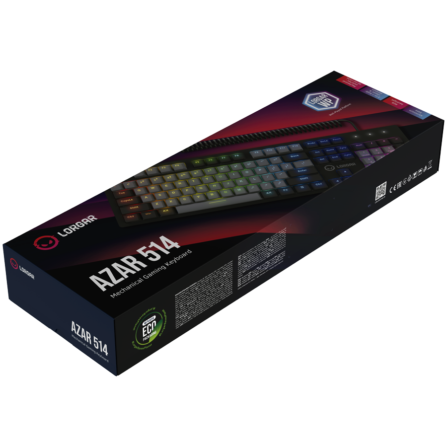LORGAR Azar 514, Wired mechanical gaming keyboard, RGB backlight, 1680000 colour variations, 18 modes, keys number: 104, 50M clicks, linear dream switches, spring cable up to 3.4m, ABS plastic+metal, magnetic cover, 450*136*39mm, 1.17kg, black