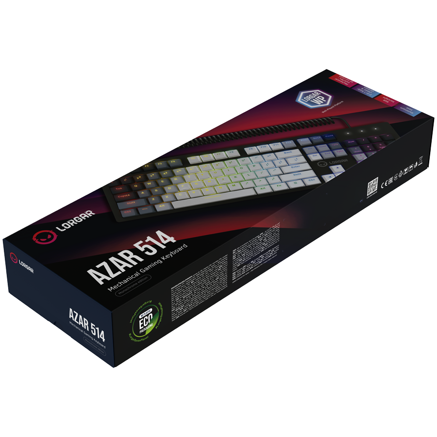 LORGAR Azar 514, Wired mechanical gaming keyboard, RGB backlight, 1680000 colour variations, 18 modes, keys number: 104, 50M clicks, linear dream switches, spring cable up to 3.4m, ABS plastic+metal, magnetic cover, 450*136*39mm, 1.17kg, white
