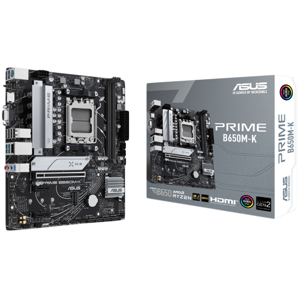 ASUS PRIME B650M-K AM5 mATX MB - AMD B650 2xDIMM DDR5 2xM.2 4xSATA PCIe 4.0 2.5Gb Ethernet 1xD-SUB 1xHDMI with Aura Sync support Glavna slika proizvoda
