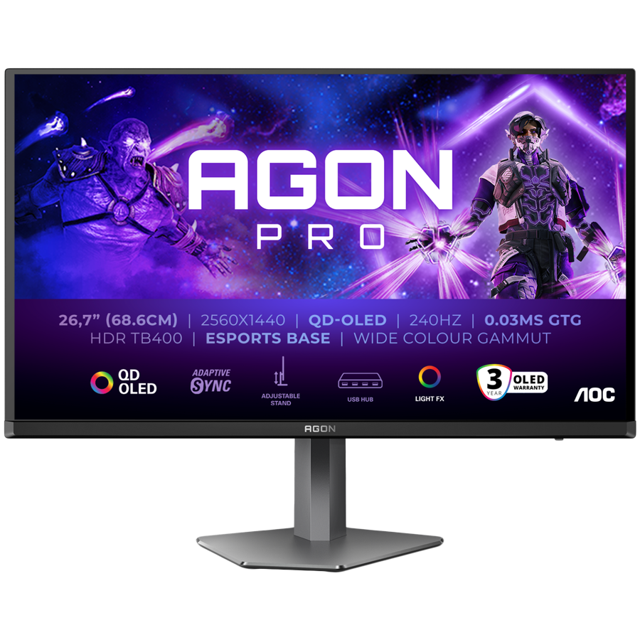 AOC Monitor LED AG276QZD2 AGON PRO 26.7" 2560x1440 QD-OLED Adaptive Sync 240Hz 0.03ms 250 cd/m2 3-sided frameless FULL ERGO 2xHDMI 2xDP USB Hub Glavna slika proizvoda