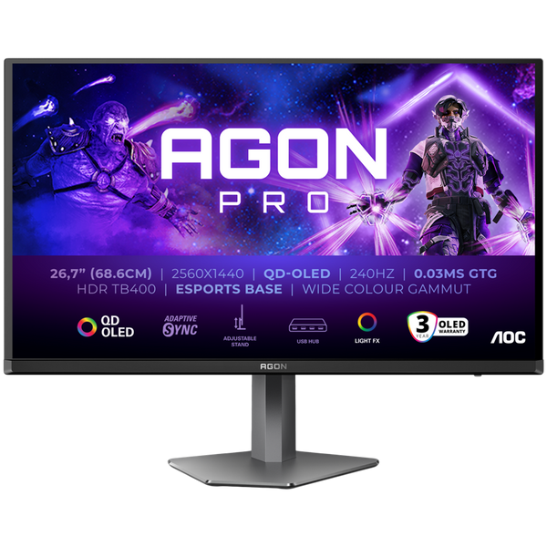 AOC Monitor LED AG276QZD2 AGON PRO 26.7" 2560x1440 QD-OLED Adaptive Sync 240Hz 0.03ms 250 cd/m2 3-sided frameless FULL ERGO 2xHDMI 2xDP USB Hub