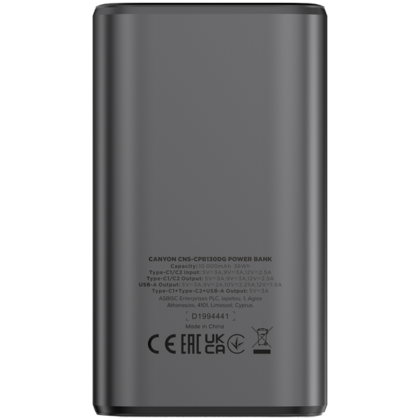 CANYON power bank OnPower 130 TFT 10000 mAh PD30W Dark Grey