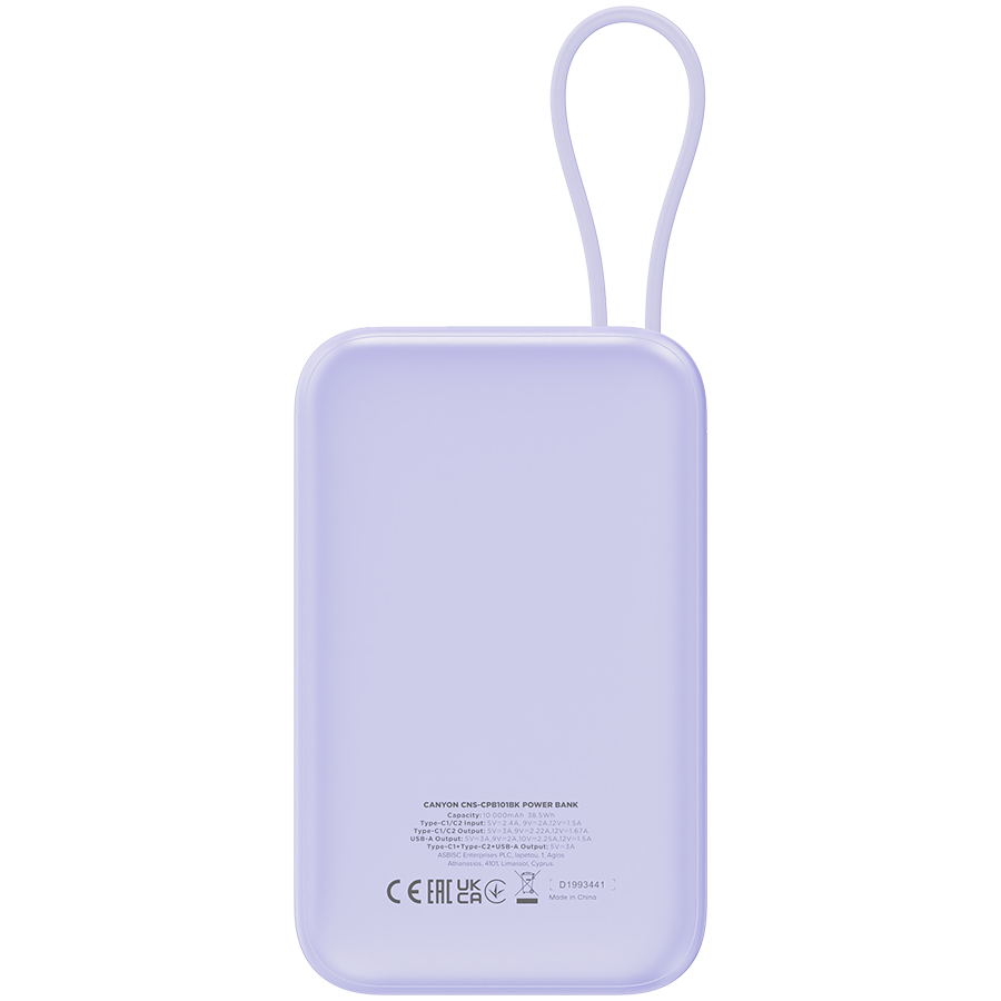 CANYON power bank OnPower 101 built-in cable 10000 mAh PD22.5W Ljubičasti
