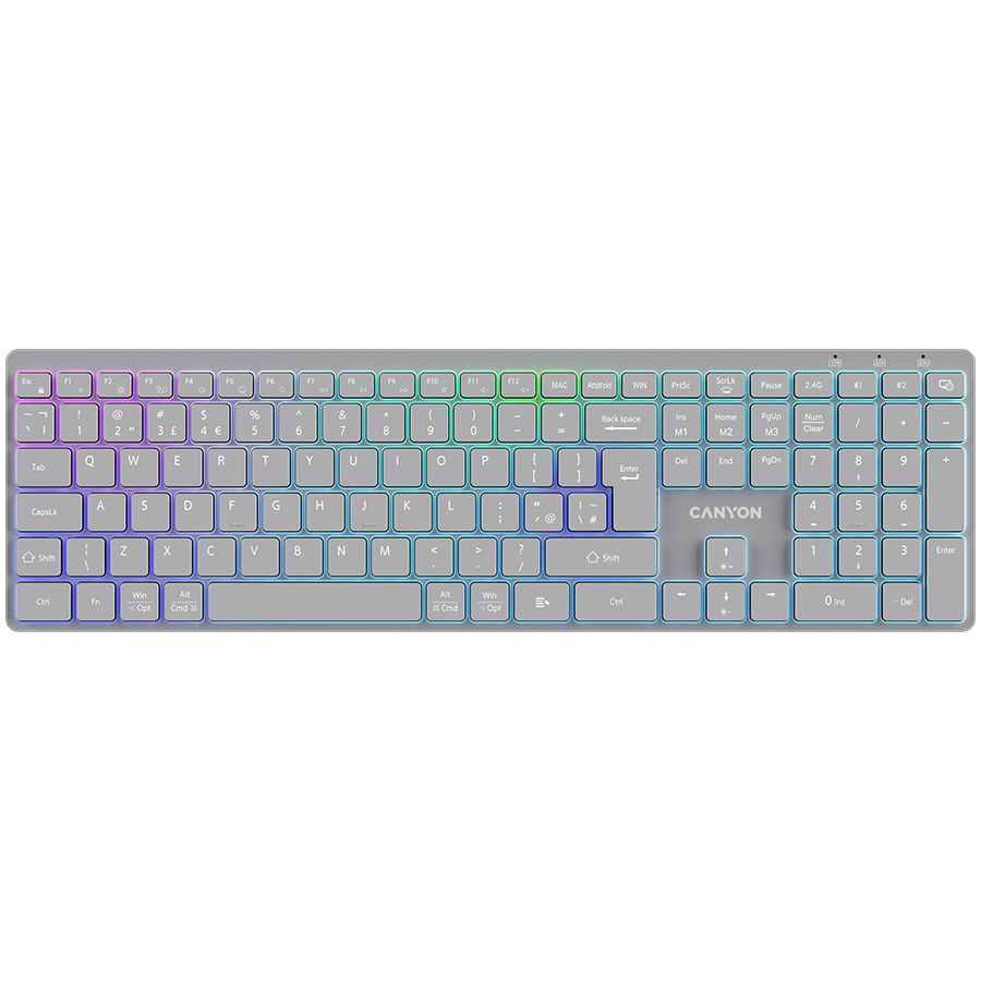 CANYON keyboard HKB-W11 UK/US RGB Dual Mode Wireless Grey Glavna slika proizvoda