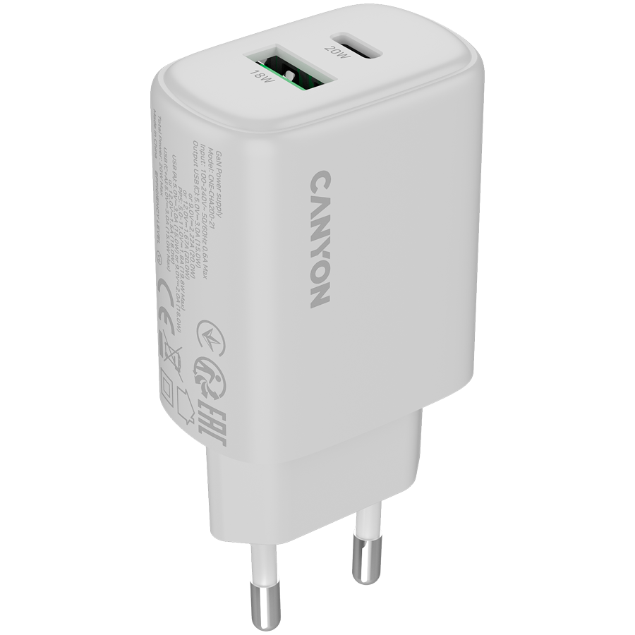 CANYON charger OnCharge 200 20W 1xPD 1xQC EU White Glavna slika proizvoda
