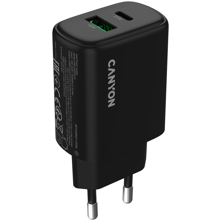 CANYON charger OnCharge 250 25W 1xPD 1xQC EU Black Glavna slika proizvoda