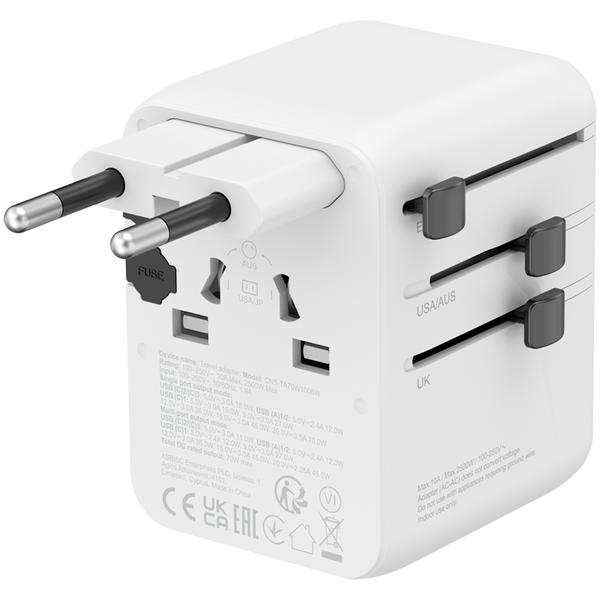 CANYON Travel Adapter OnTour 70 EU/UK/US/AUS 70W White