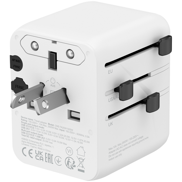 CANYON Travel Adapter OnTour 20 EU/UK/US/AUS 20W  White