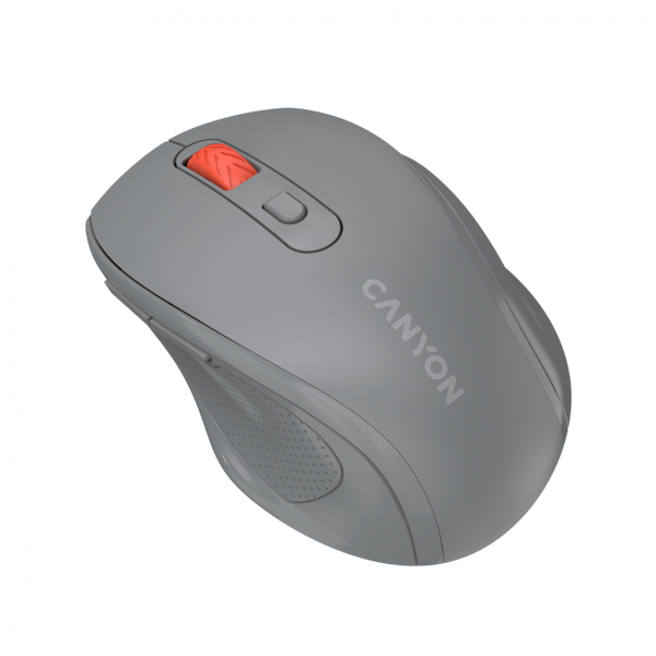 Canyon 6 buttons wireless 2.4Ghz mouse, MX8650A Sensor, DPI up to 1600, Injection case, 3 M life times left and right switches, 2xAAA battery, ABS material. Size: 105x71x40mm, Weight: 59g, Dark grey