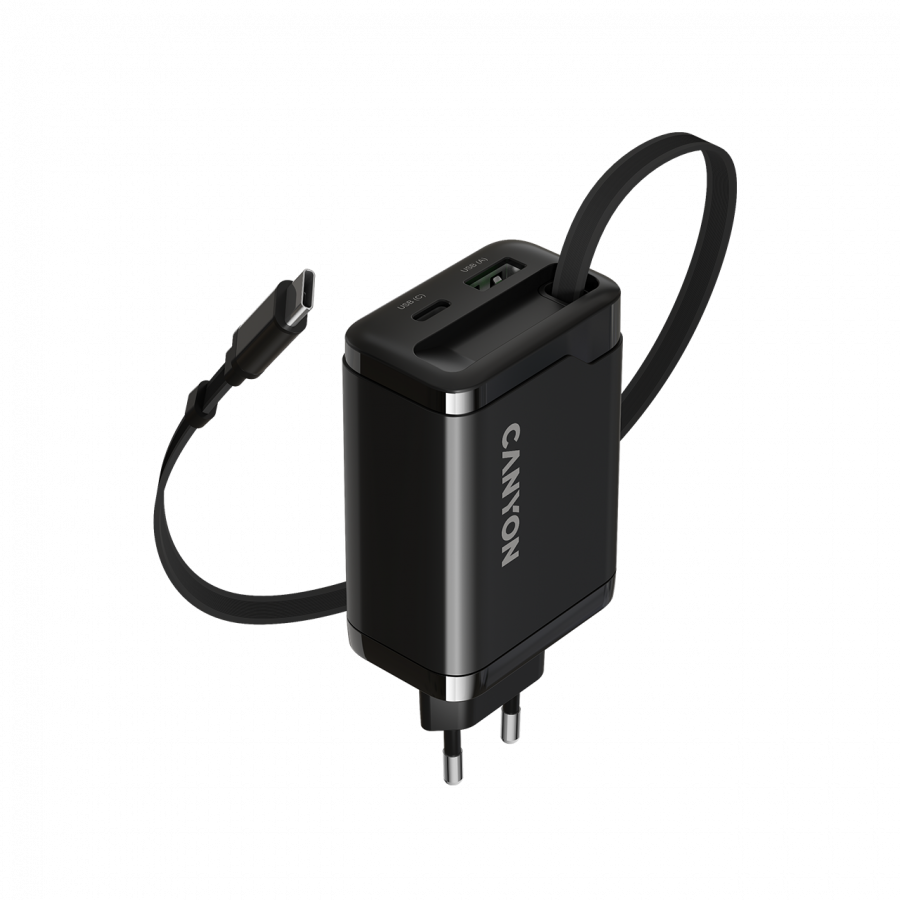 CANYON charger OnCharge 65RC Build-In Cable USB-C 65W 1xPD 1xQC EU Black Glavna slika proizvoda