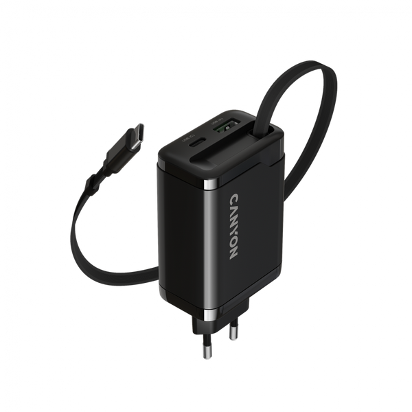 CANYON charger OnCharge 65RC Build-In Cable USB-C 65W 1xPD 1xQC EU Black