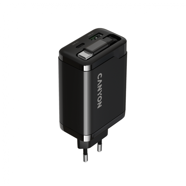 CANYON charger OnCharge 65RC Build-In Cable USB-C 65W 1xPD 1xQC EU Black