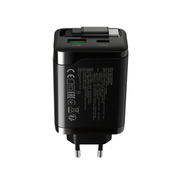 CANYON charger OnCharge 65RC Build-In Cable USB-C 65W 1xPD 1xQC EU Black