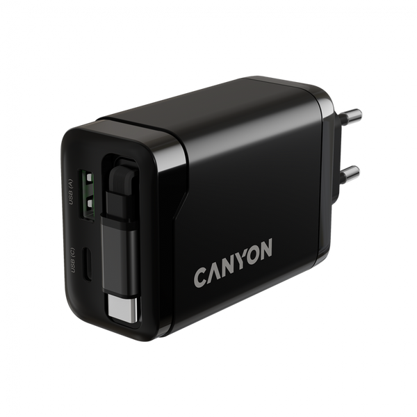 CANYON charger OnCharge 65RC Build-In Cable USB-C 65W 1xPD 1xQC EU Black