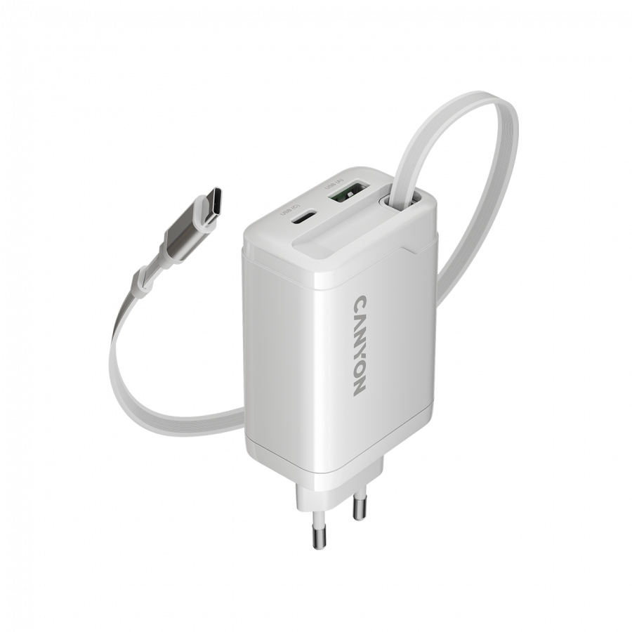 CANYON charger OnCharge 65RC Build-In Cable USB-C 65W 1xPD 1xQC EU White Glavna slika proizvoda