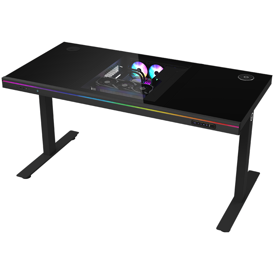Dual-motor sit/stand adjustable-height gaming desk with built-in PC case
