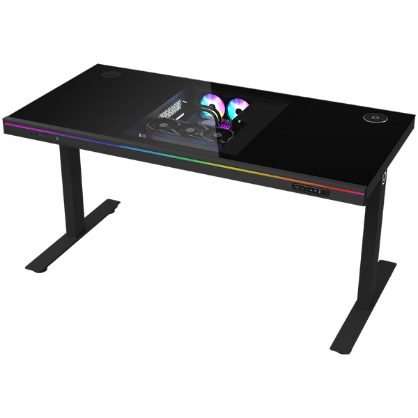 Dual-motor sit/stand adjustable-height gaming desk with built-in PC case