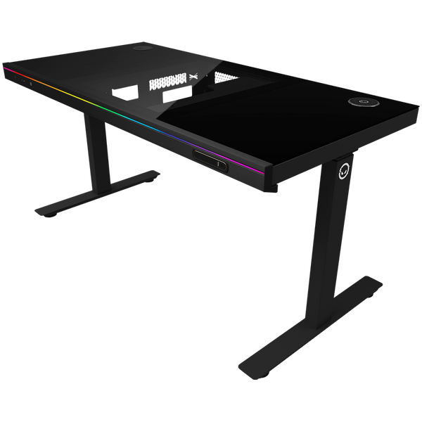 Dual-motor sit/stand adjustable-height gaming desk with built-in PC case