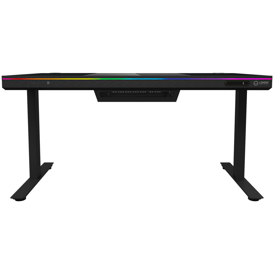 Dual-motor sit/stand adjustable-height gaming desk with built-in PC case