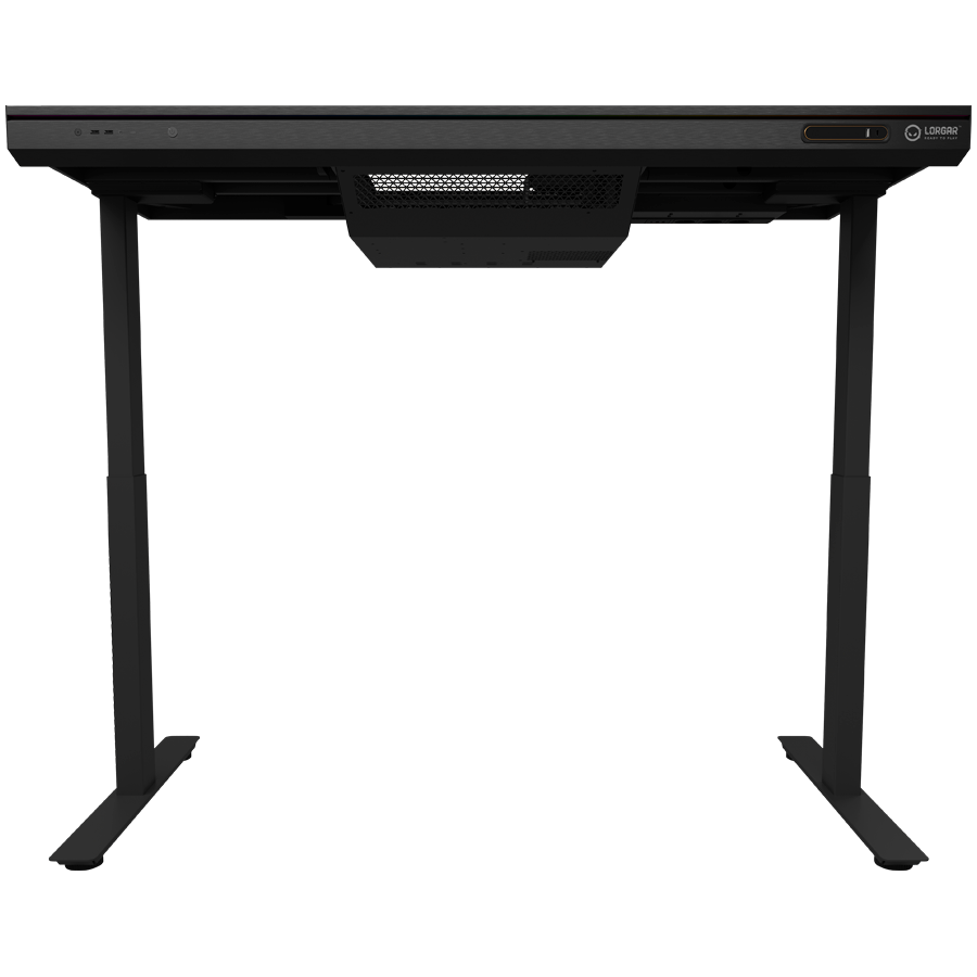 Dual-motor sit/stand adjustable-height gaming desk with built-in PC case