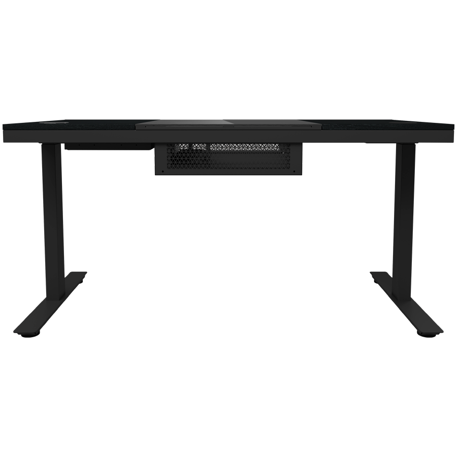 Dual-motor sit/stand adjustable-height gaming desk with built-in PC case