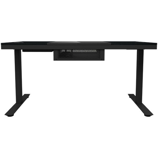 Dual-motor sit/stand adjustable-height gaming desk with built-in PC case