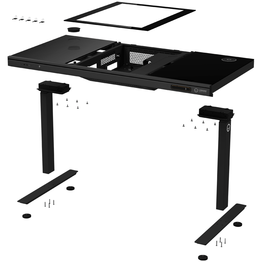 Dual-motor sit/stand adjustable-height gaming desk with built-in PC case