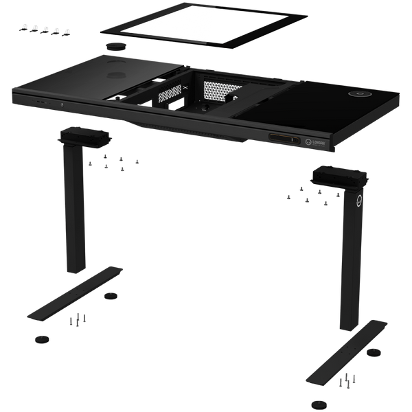Dual-motor sit/stand adjustable-height gaming desk with built-in PC case