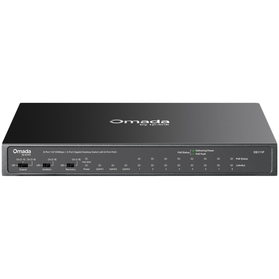 Omada 8-Port 10/100Mbps + 3-Port Gigabit Desktop Switch with 8-Port PoE+ 8× 10/100 Mbps PoE+ Ports Glavna slika proizvoda