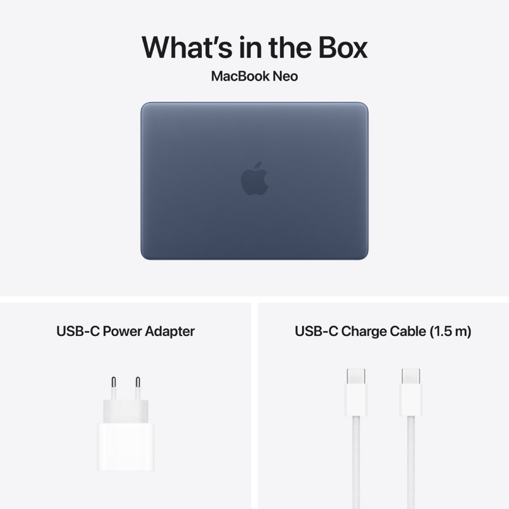 MacBook Neo 13-inch, Indigo, Model A3404, A18 PRO CHIP, 6C CPU, 5C GPU, 8GB unified memory, 20W ADAPTER, 256GB SSD storage, KEYBOARD US English