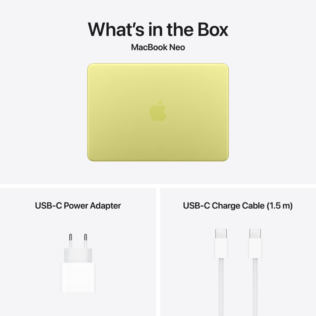 MacBook Neo 13-inch, Citrus, Model A3404, A18 PRO CHIP, 6C CPU, 5C GPU, 8GB unified memory, 20W ADAPTER, 256GB SSD storage, KEYBOARD-INT