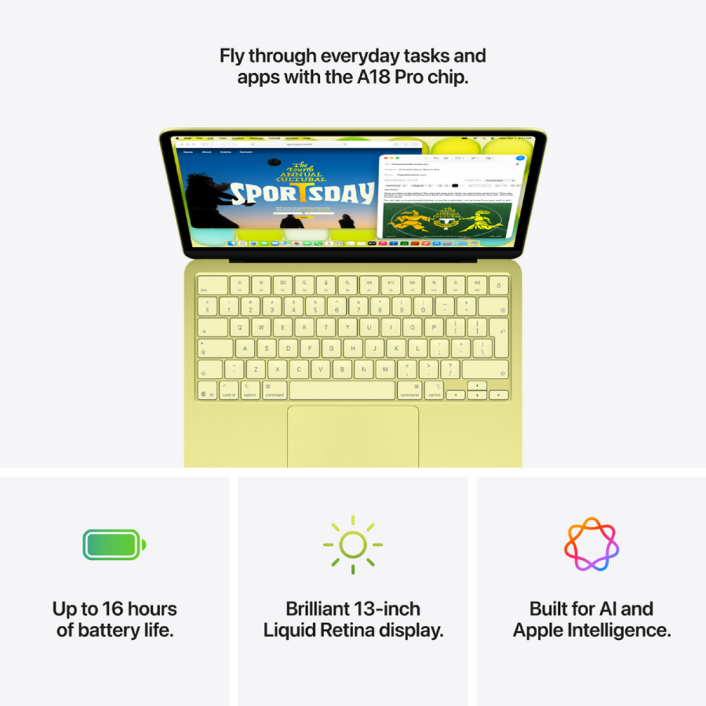 MacBook Neo 13-inch, Citrus, Model A3404, A18 PRO CHIP, 6C CPU, 5C GPU, 8GB unified memory, 20W ADAPTER, 256GB SSD storage, KEYBOARD-INT