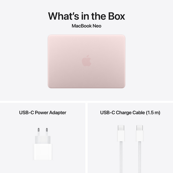 MacBook Neo 13-inch, Blush, Model A3404, A18 PRO CHIP, 6C CPU, 5C GPU, 8GB unified memory, 20W ADAPTER, 256GB SSD storage, KEYBOARD US English
