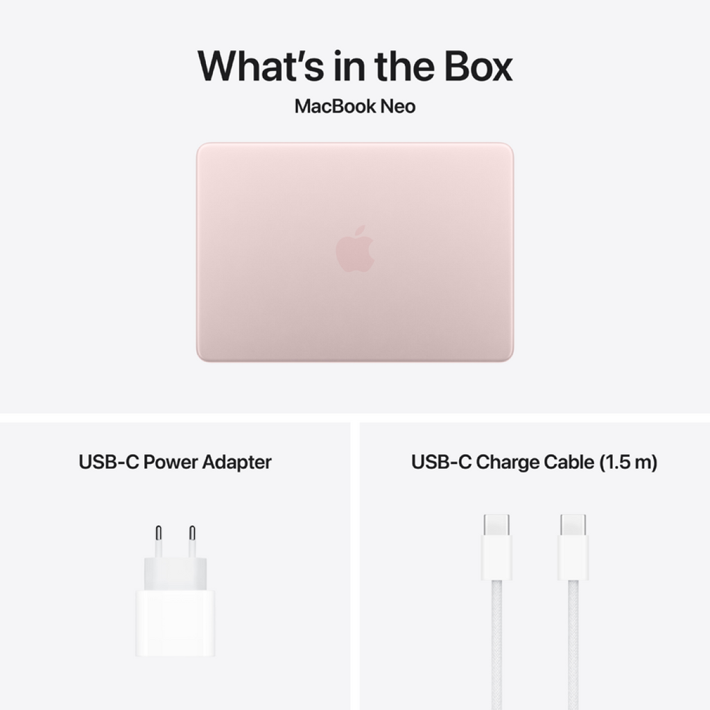 MacBook Neo 13-inch, Blush, Model A3404, A18 PRO CHIP, 6C CPU, 5C GPU, 8GB unified memory, 20W ADAPTER, 256GB SSD storage, KEYBOARD US English