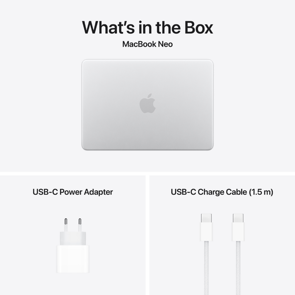 MacBook Neo 13-inch, Silver, Model A3404, A18 PRO CHIP, 6C CPU, 5C GPU, 8GB unified memory, 20W ADAPTER, 256GB SSD storage, KEYBOARD US English