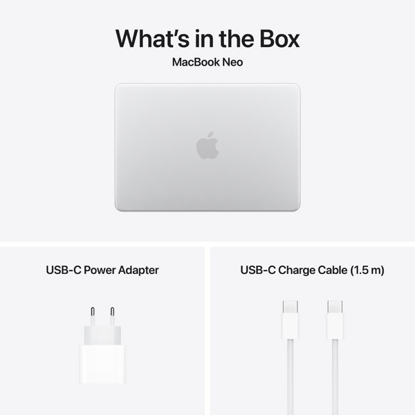 MacBook Neo 13-inch, Silver, Model A3404, A18 PRO CHIP, 6C CPU, 5C GPU, 8GB unified memory, 20W ADAPTER, 256GB SSD storage, KEYBOARD US English